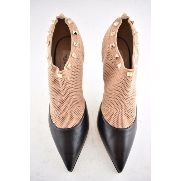 Valentino Rockstud Black Leather Nude Sock Stud Heel Short Ankle Boot Bootie 41 - Picture 8 of 12